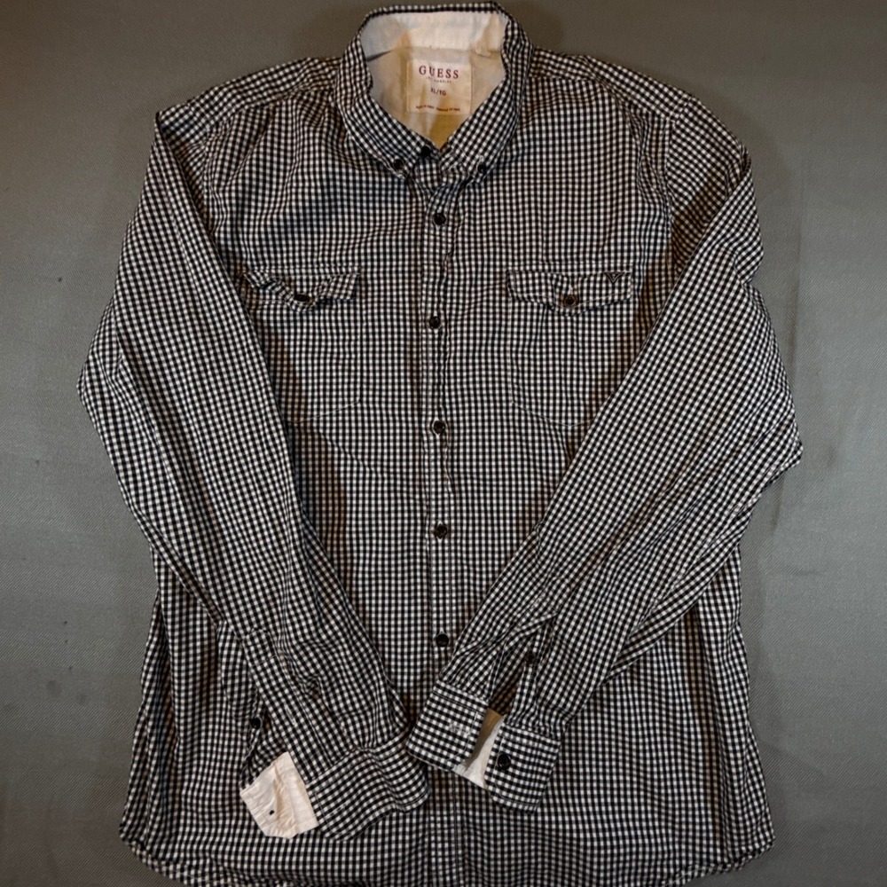 Guess LA Mens XL Gingham Button Down Shirt Black White Cotton X82H07R7 2140